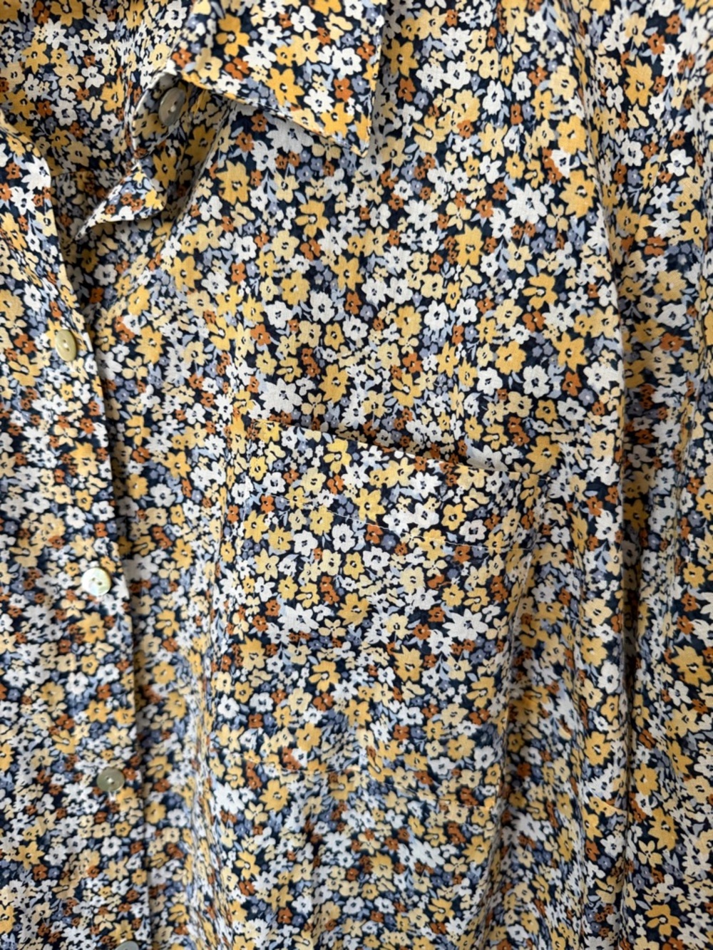 J. Jill womans Floral Button-Down Shirt in Mustard and navy- front  pocket . - Picture 9 of 9